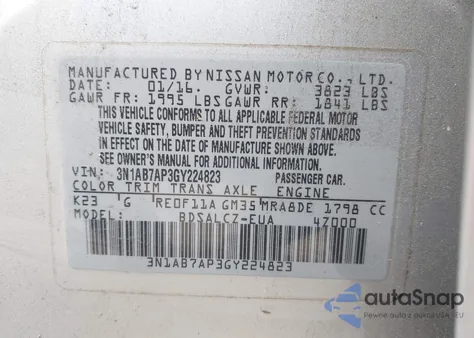 2016 Nissan Sentra S/Sv/Sr/Sl from USA, damaged, VIN 3N1AB7AP3GY224823